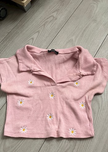 Pembe Kısa Kollu Çiçekli Crop