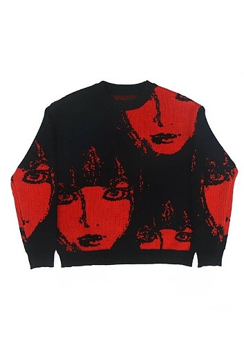 Red face desenli sweater