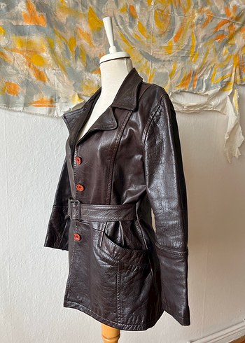 Kahverengi Deri Kemerli Kadın Ceket - Görsel 4