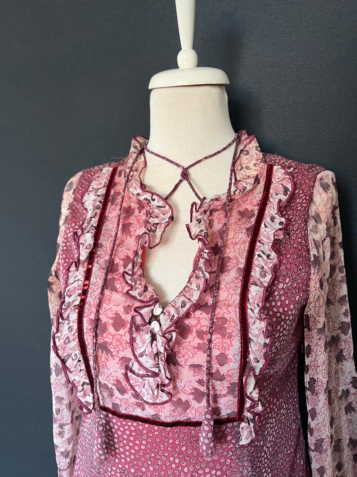 Bordo Bağcıklı Fırfırlı Bohem Bluz y2K - Görsel 2