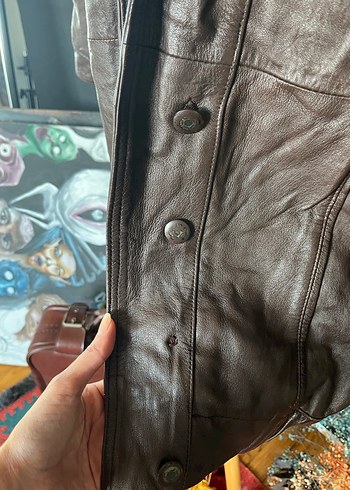Düğmeli kahve  Deri Kadın Ceket - Görsel 6