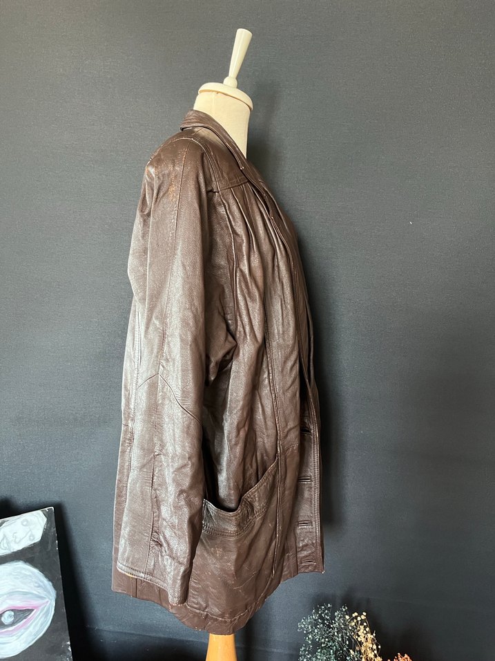 Düğmeli kahve  Deri Kadın Ceket - Görsel 4