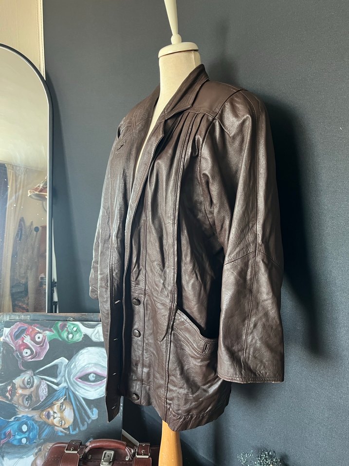 Düğmeli kahve  Deri Kadın Ceket - Görsel 2