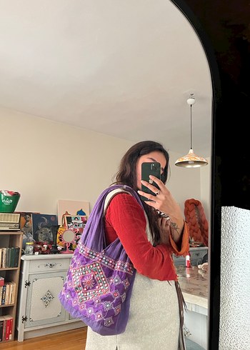 Mor Nakışlı Boncuklu Bohem Kadın Çantası - Görsel 7