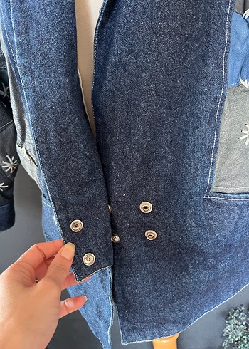 Düğmeli Kadın Koyu Mavi Batik Denim Ceket - Görsel 5