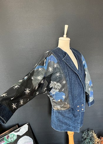 Düğmeli Kadın Koyu Mavi Batik Denim Ceket - Görsel 2
