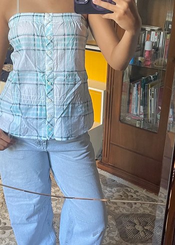 Diğer Pastel Mavi Ekose Straplez Crop Bluz