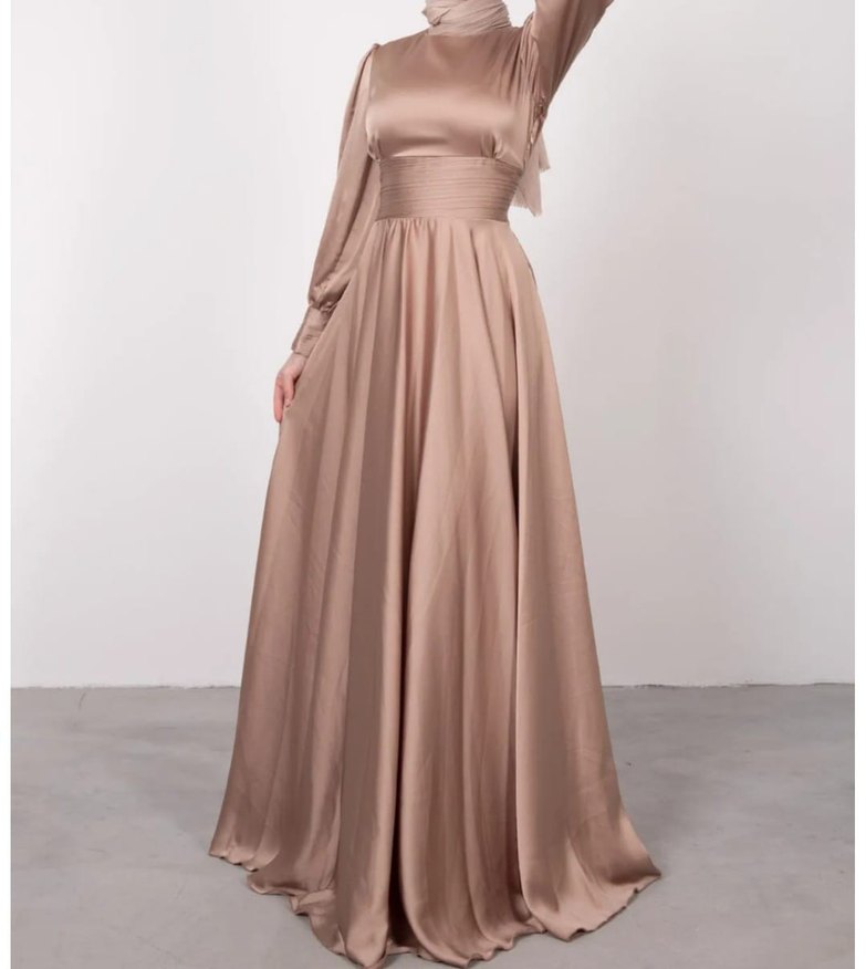 Bej Drapeli Uzun Abiye Elbise - Görsel 2