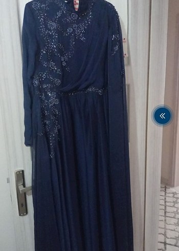 Lacivert İşlemeli Uzun Kollu Abiye Elbise - Görsel 3