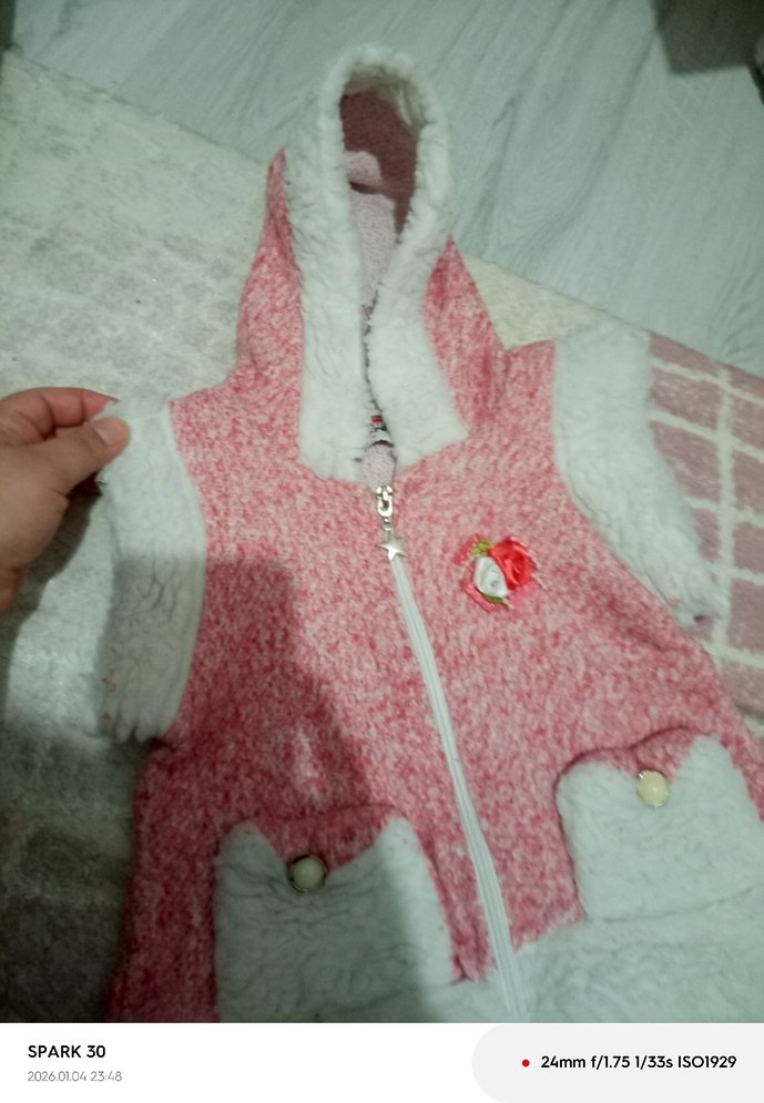 Kapüşonlu, Kürklü Pembe Kız Yeleği - Görsel 4