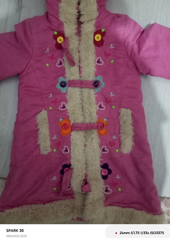 Kızlar için Kürklü Nakışlı Pembe Mont - Görsel 4