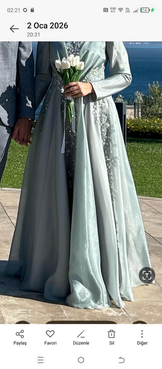 Uzun Kol Nakışlı Gri Tesettür Abiye Elbise - Görsel 2