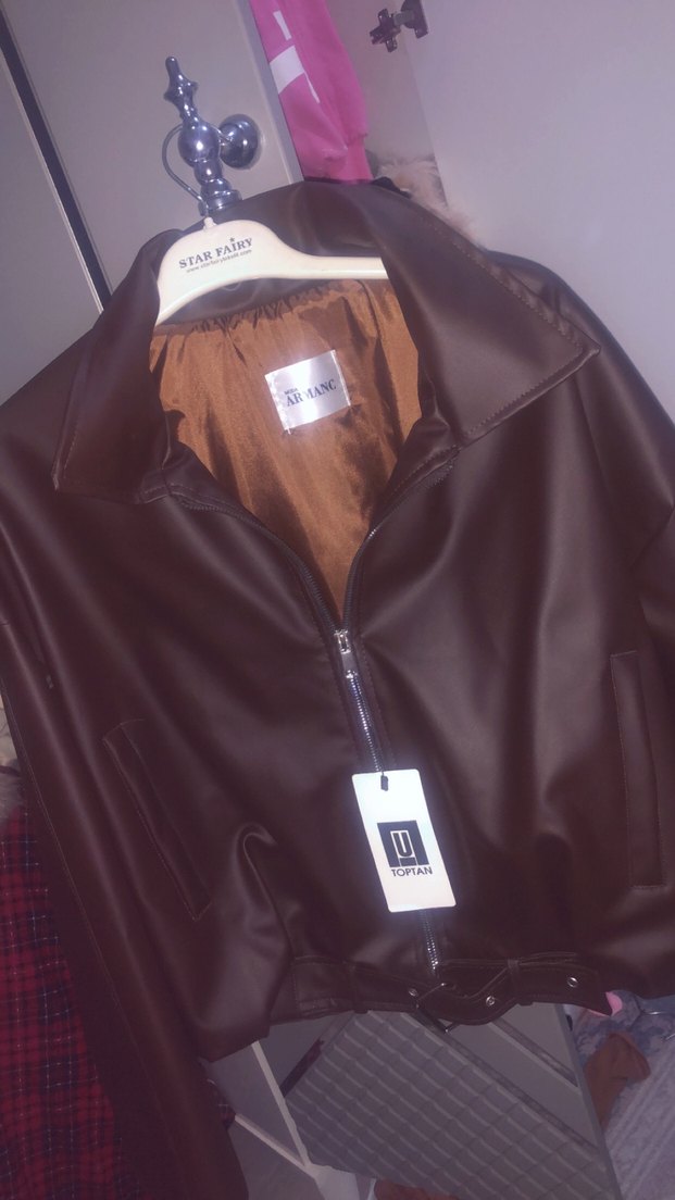 Kadın Acı Kahve Deri Fermuarlı Ceket - Görsel 3