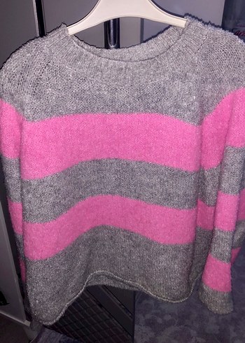 Gri-Pembe Çizgili Triko Kadın Kazak - Görsel 4