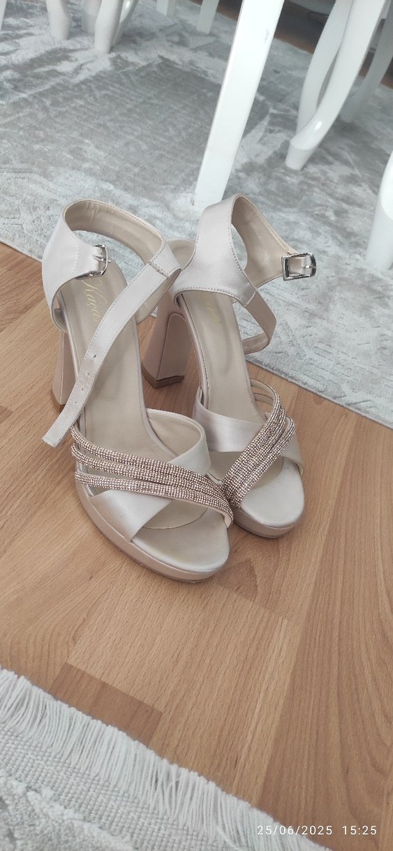 bej saten Platform Topuklu Kadın Abiye Ayakkabı - Görsel 3