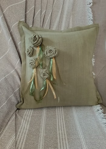 Gül Detaylı Haki Dekoratif 2 li Takım Kırlent Kılıfı - Görsel 2