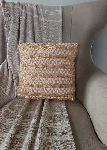 Bej Bohem Örgü Dekoratif Kırlent Kılıfı - Görsel 2
