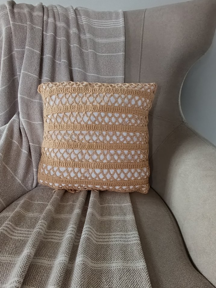Bej Bohem Örgü Dekoratif Kırlent Kılıfı - Görsel 2