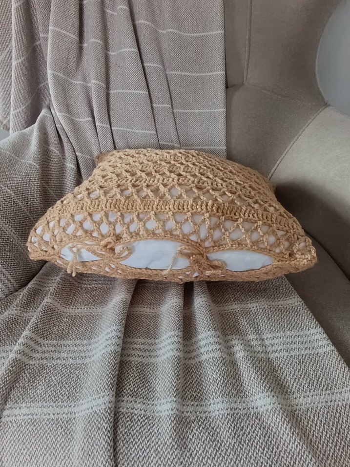Bej Bohem Örgü Dekoratif Kırlent Kılıfı - Görsel 3