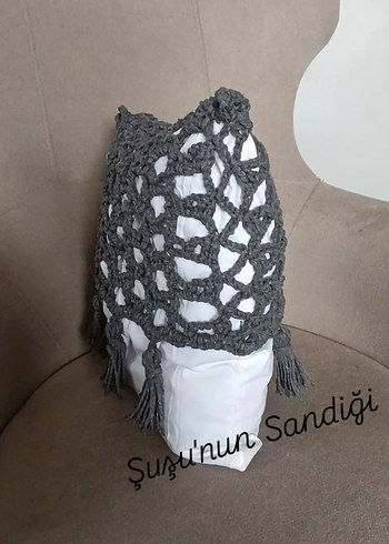 Gri Bohem Püsküllü Örgü Kırlent Kılıfı - Görsel 3