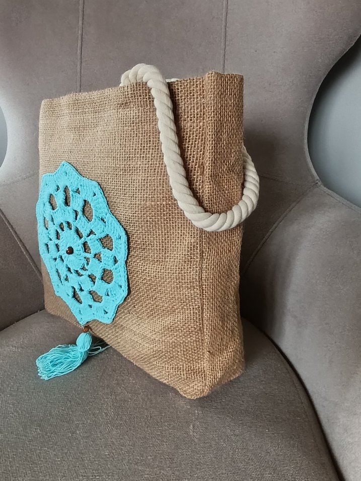 Püsküllü Turkuaz Nakışlı Örgü Bohem Çanta - Görsel 2