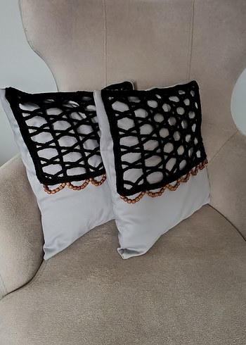 Tığ İşi Gri-Siyah Dekoratif Kırlent Kılıfı - Görsel 2