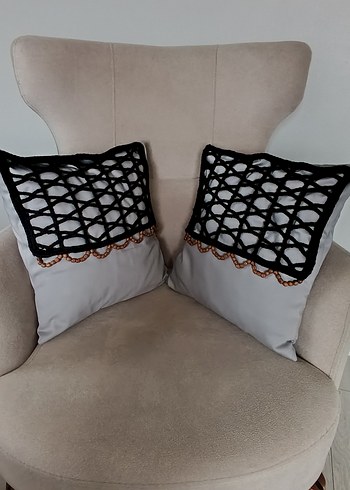 Tığ İşi Gri-Siyah Dekoratif Kırlent Kılıfı - Görsel 3