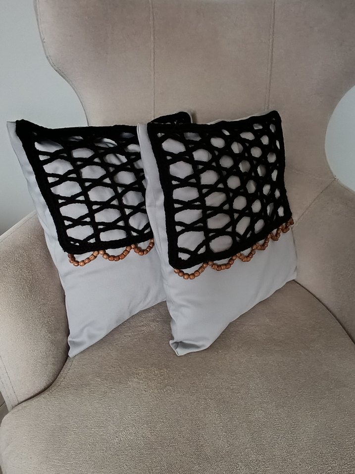 Tığ İşi Gri-Siyah Dekoratif Kırlent Kılıfı - Görsel 2