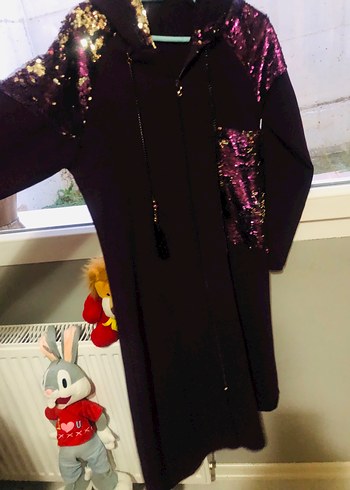 Mor Uzun Kapüşonlu Kadın Kaban - Görsel 2