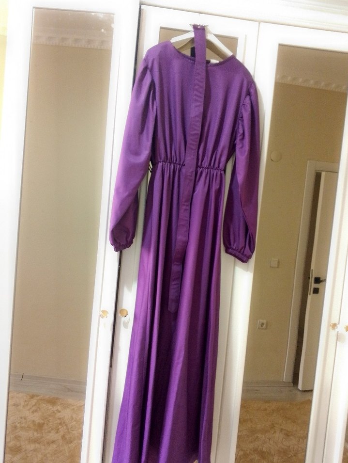 Mor Uzun Drapeli Kadın Elbise - Görsel 3