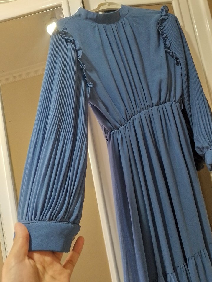 Uzun Kollu Mavi Pilili Bohem Elbise - Görsel 3