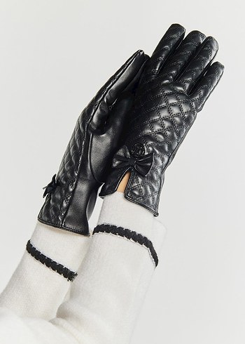 Ekose Detaylı Siyah Deri Biker Eldiven - Görsel 2