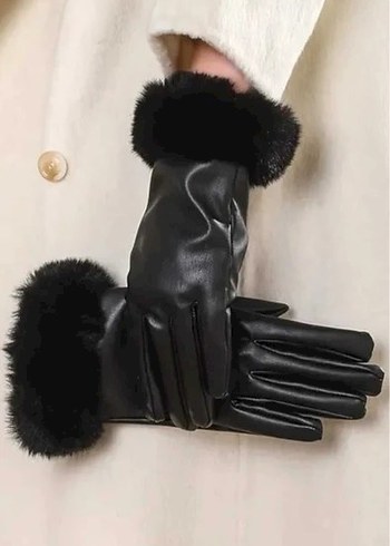 Kürklü Siyah Deri Kadın Eldiven - Görsel 5