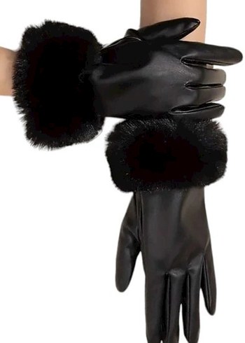 Kürklü Siyah Deri Kadın Eldiven - Görsel 2