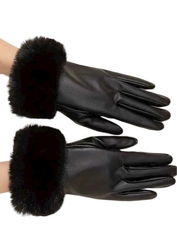 Kürklü Siyah Deri Kadın Eldiven - Görsel 3