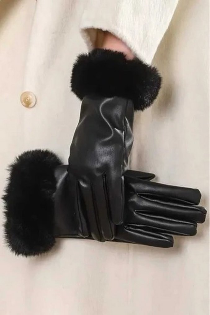 Kürklü Siyah Deri Kadın Eldiven - Görsel 5