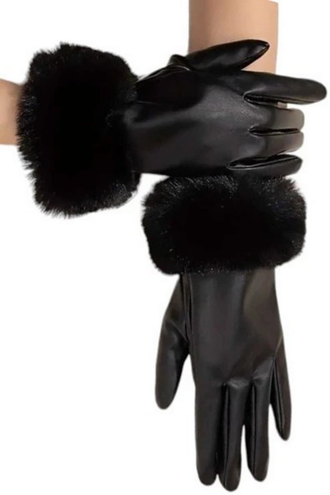 Kürklü Siyah Deri Kadın Eldiven - Görsel 2