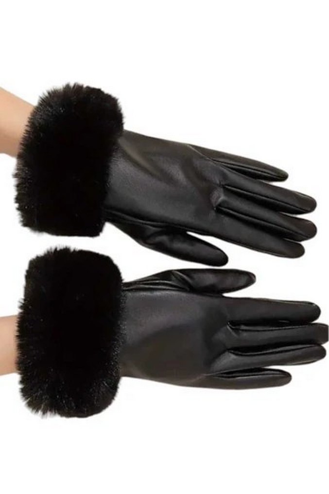 Kürklü Siyah Deri Kadın Eldiven - Görsel 3