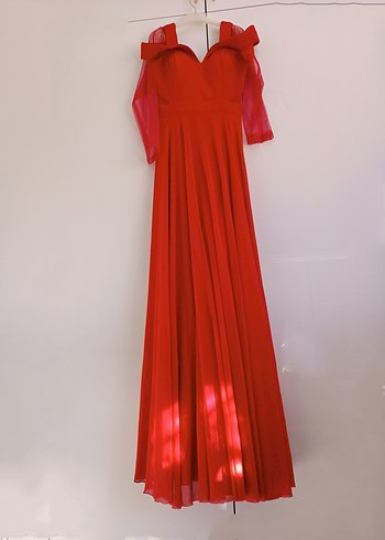 Kırmızı Uzun Drapeli V Yaka Abiye Elbise - Görsel 2