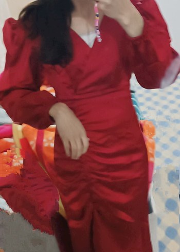 Kırmızı Drapeli Uzun Kadın Elbise - Görsel 3