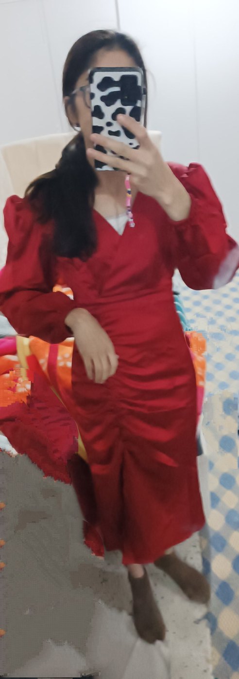 Kırmızı Drapeli Uzun Kadın Elbise - Görsel 3