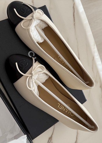 Beyaz Siyah chanel Klasik Kadın ithal Babet - Görsel 5