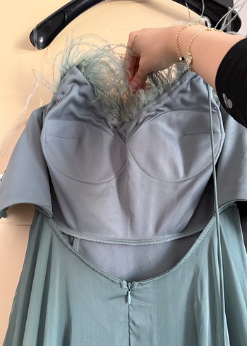 Tüylü Straplez Uzun Bohem Abiye Elbise - Görsel 4