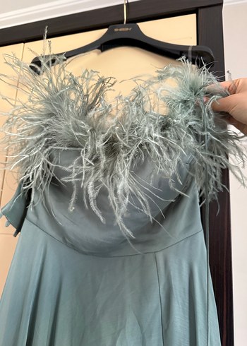 Tüylü Straplez Uzun Bohem Abiye Elbise - Görsel 2