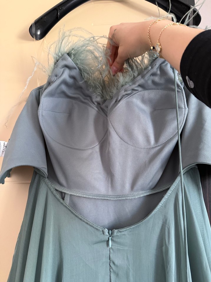 Tüylü Straplez Uzun Bohem Abiye Elbise - Görsel 4