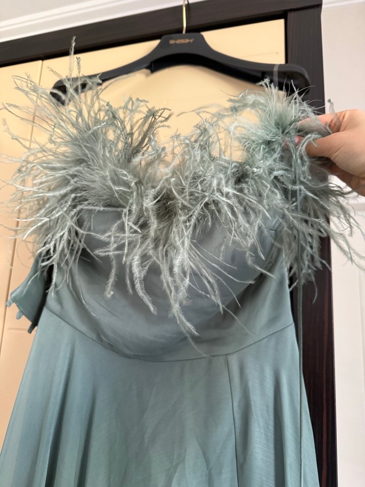 Tüylü Straplez Uzun Bohem Abiye Elbise - Görsel 2