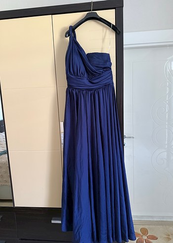 Lacivert Drapeli Uzun Abiye Elbise tek omuz - Görsel 2