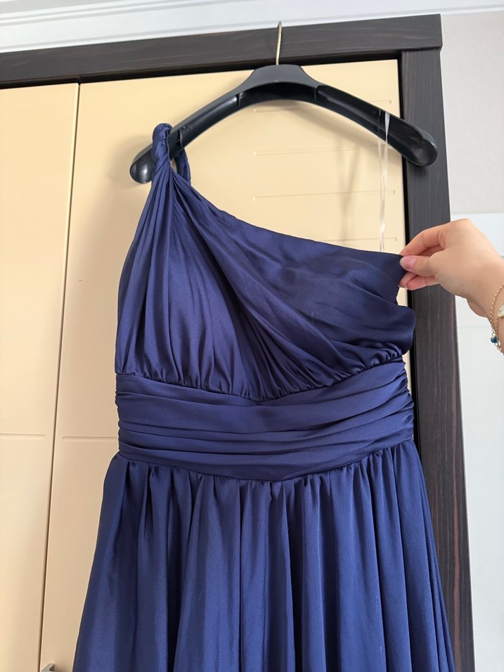 Lacivert Drapeli Uzun Abiye Elbise tek omuz - Görsel 3