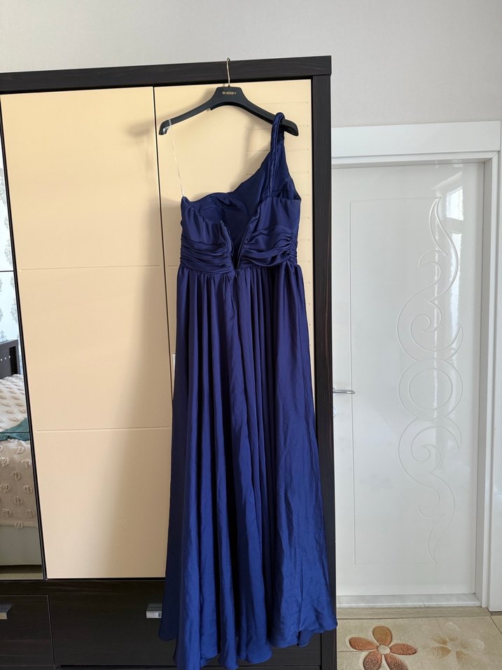 Lacivert Drapeli Uzun Abiye Elbise tek omuz - Görsel 4