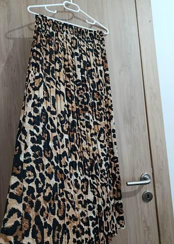 Kahverengi Leopar Desenli Kadın Uzun Pilili Etek - Görsel 2